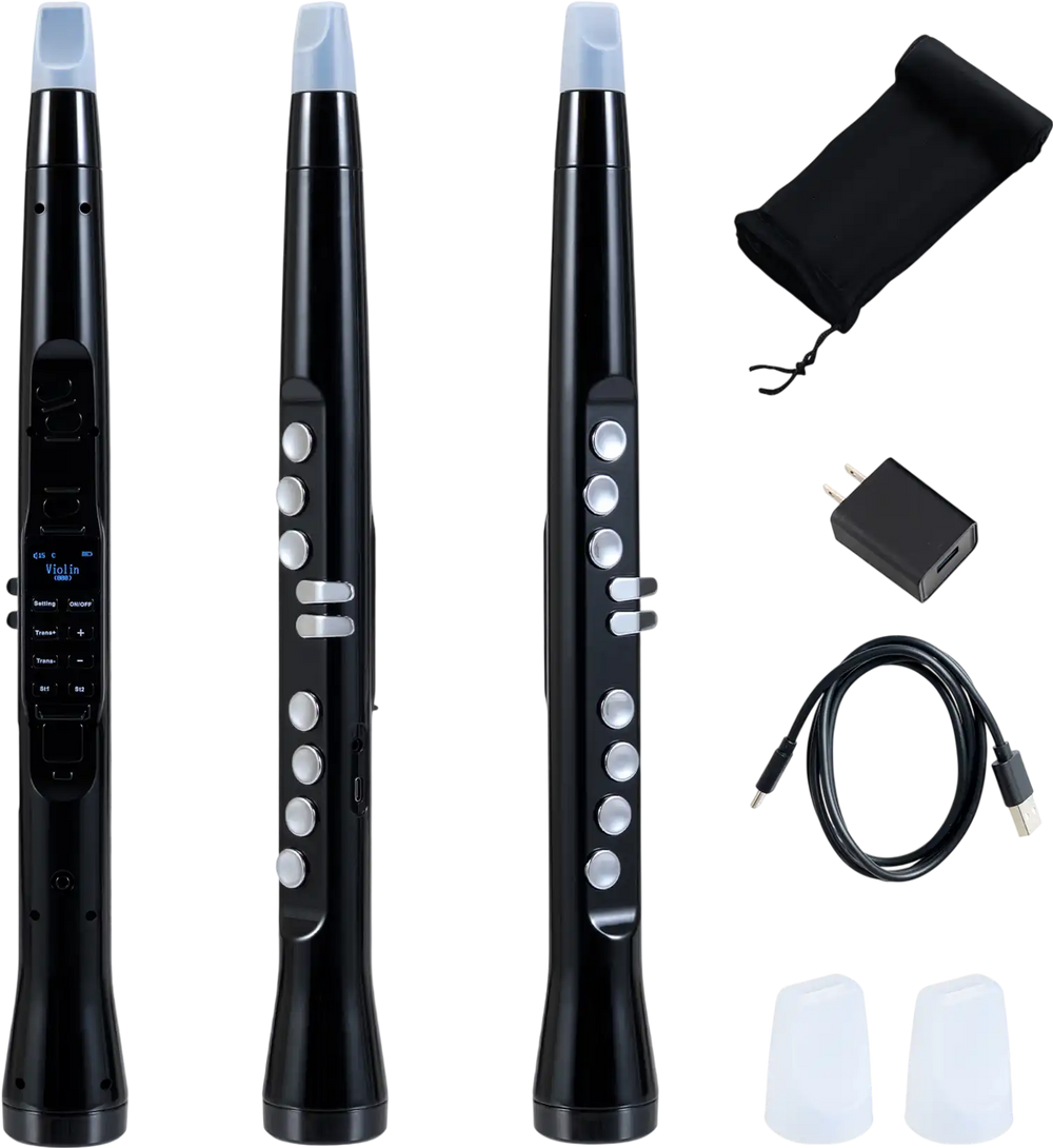 Electronic wind instrument synthesizer in black with 9 touch-sensitive keys, rechargeable battery, and portable design.