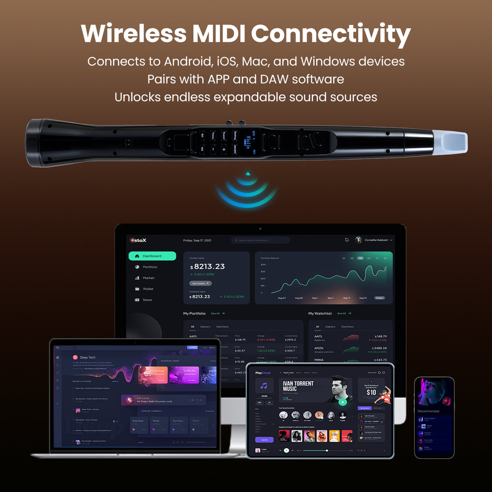 Electronic wind instrument synthesizer in black showcasing wireless MIDI connectivity for seamless music composition.