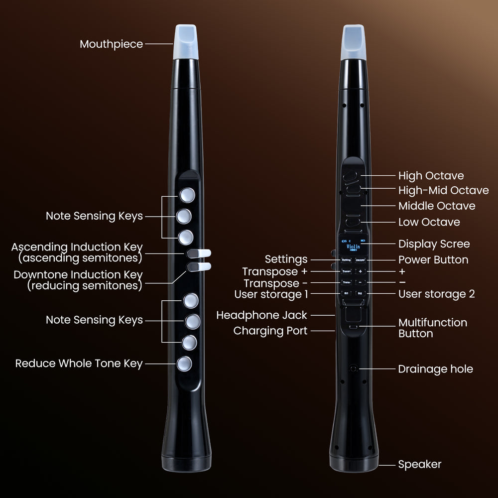 Electronic wind instrument synthesizer in black with touch-sensitive keys and MIDI connectivity for versatile music.