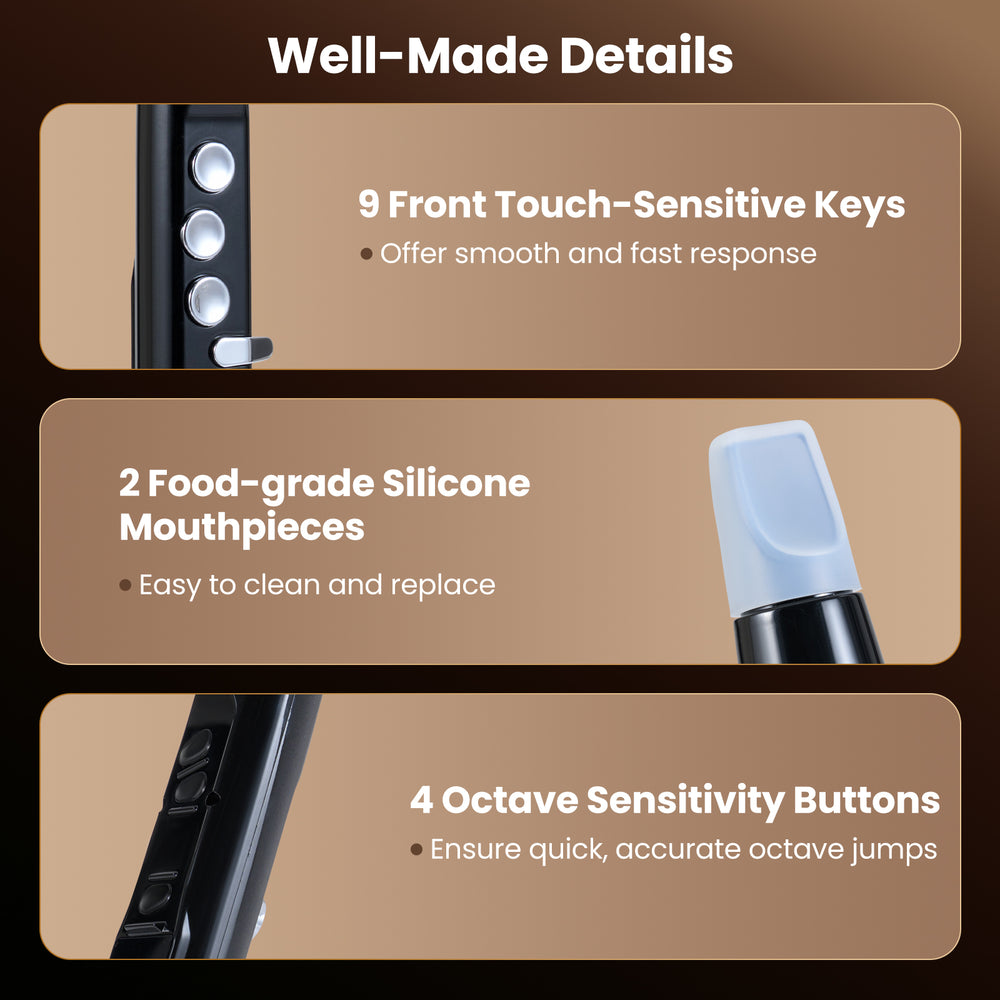 Close-up of the electronic wind instrument synthesizer showing 9 touch-sensitive keys and 2 silicone mouthpieces for.