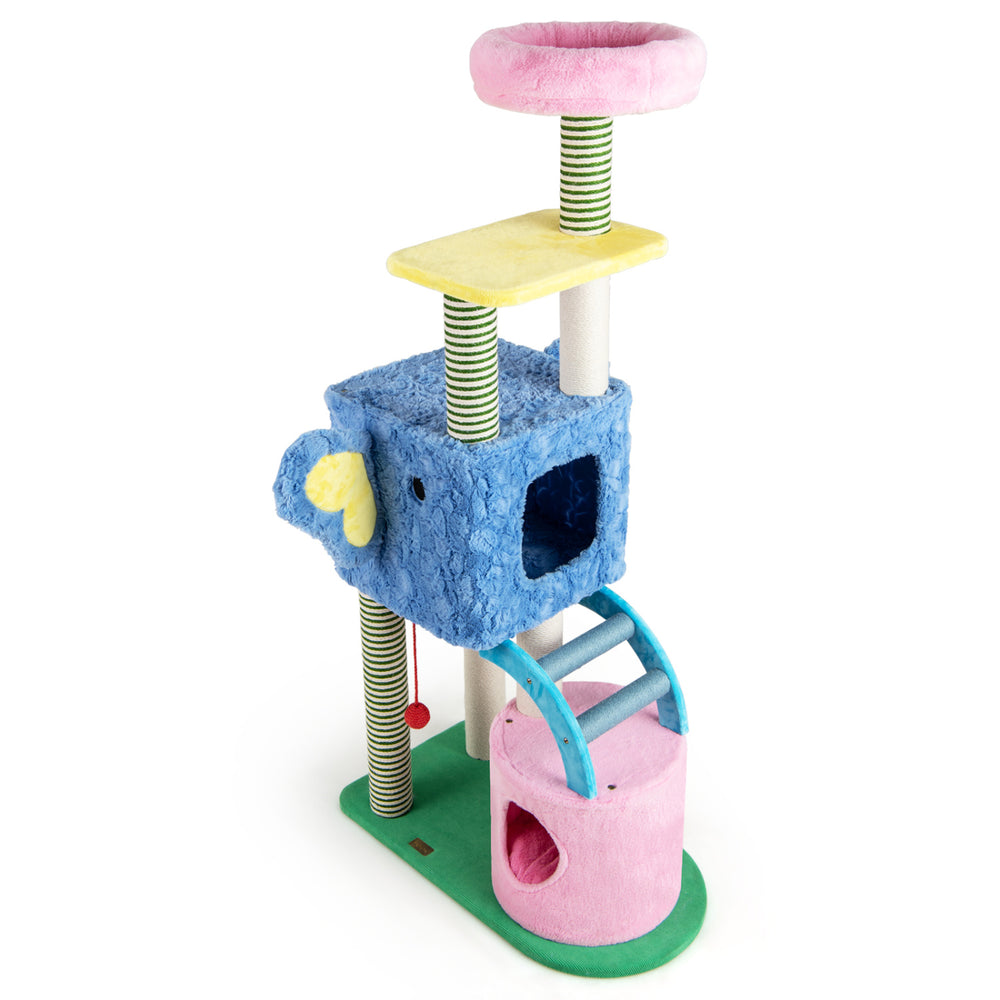 Multi-level elephant themed cat tree in blue with two condos, perfect for adult cats to play and relax.