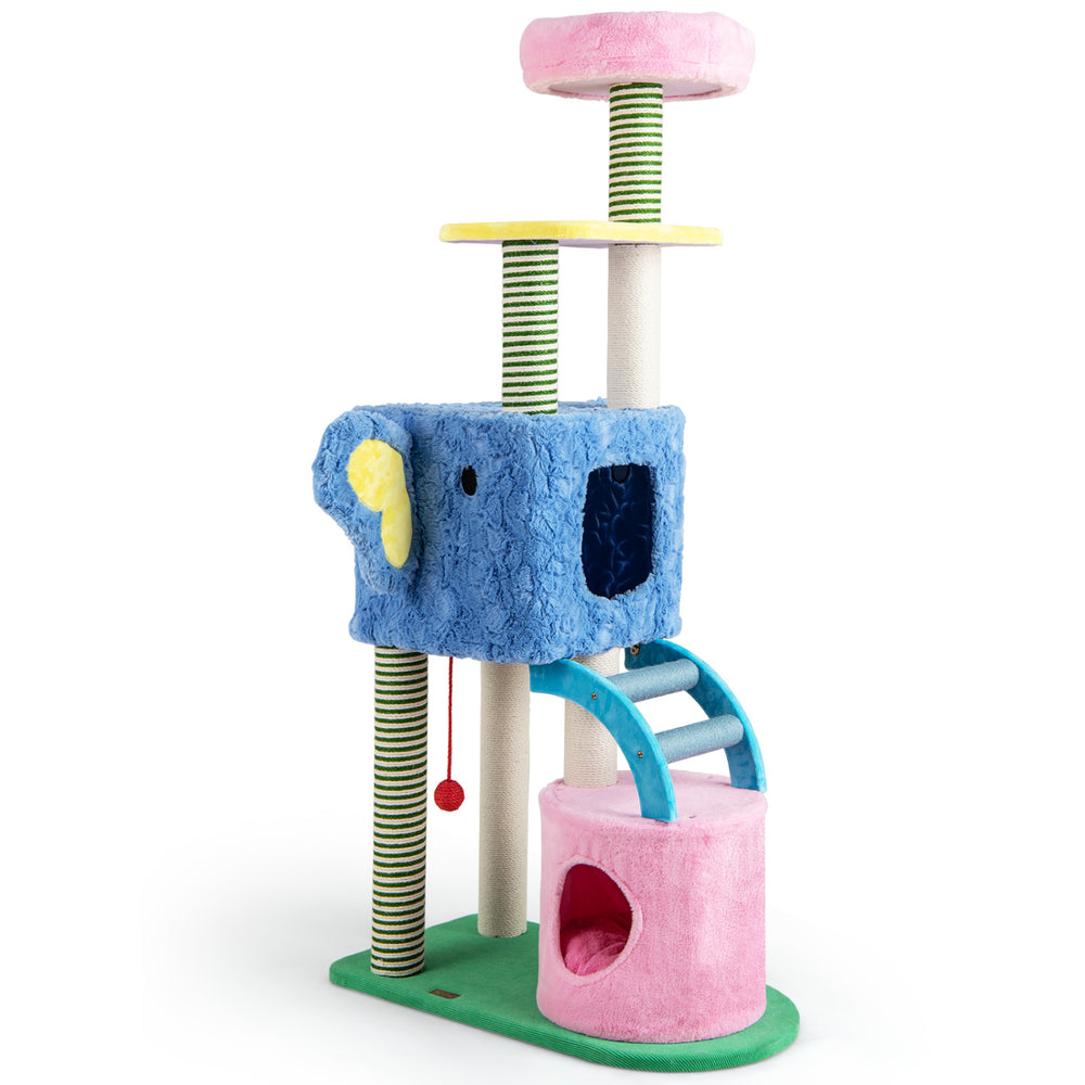 Elephant themed cat tree in blue with multi-level design, two condos, and playful features for adult cats.