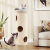 Elevated 49-inch beige cat house with 4 stories, sisal scratching board, and comfy top perch for multiple cats.