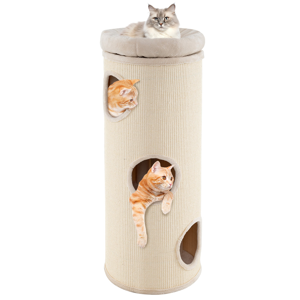 Elevated 49-inch beige cat house with four levels, featuring a comfy top perch and sisal scratching board for multiple.