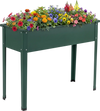 Elevated metal raised garden bed in green, featuring vibrant flowers, designed for easy planting and outdoor use.