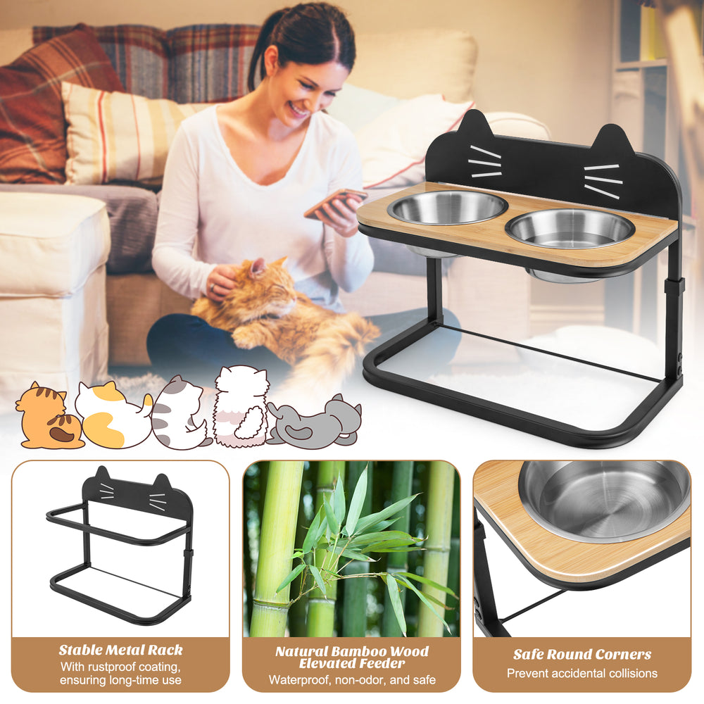 Elevated pet feeder with 2 stainless steel bowls and bamboo top, adjustable height for comfortable feeding for cats and.