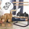 Elevated pet feeder with two stainless steel bowls, adjustable height, and natural bamboo base for comfortable feeding.