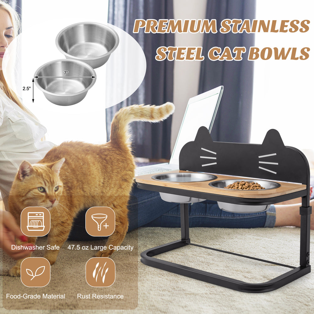 Elevated pet feeder with two stainless steel bowls, adjustable height, and natural bamboo base for comfortable feeding.