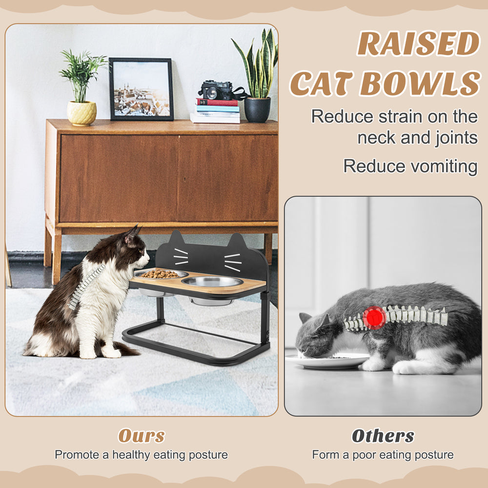 Elevated pet feeder with 2 stainless steel bowls, adjustable height for comfortable feeding, crafted from natural.