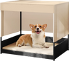Elevated wicker dog house in black featuring a sun-proof polyester canopy, perfect for indoor and outdoor use.