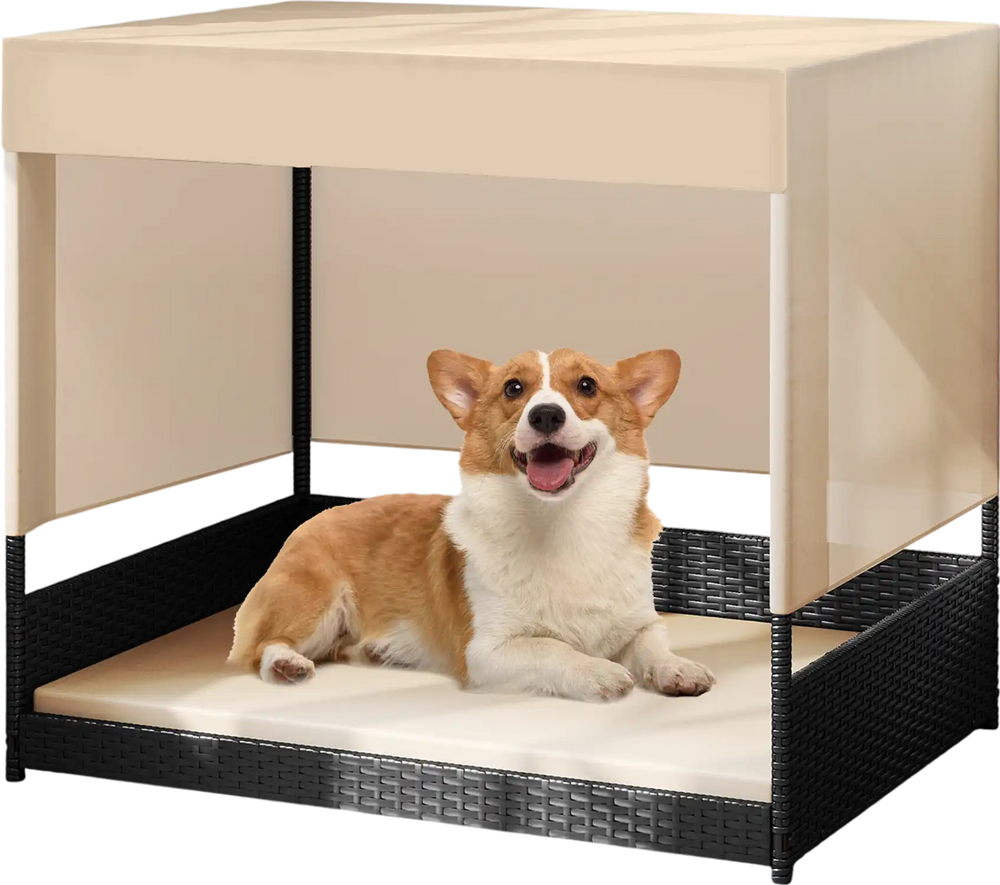 Elevated wicker dog house in black featuring a sun-proof polyester canopy, perfect for indoor and outdoor use.