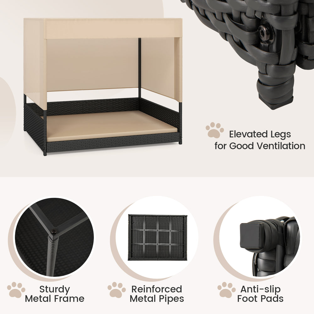 Elevated wicker dog house in black for small to medium breeds, featuring a removable cushion and sturdy metal frame.