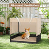 Elevated wicker dog house with removable cushion and polyester canopy, perfect for small to medium breeds in outdoor.