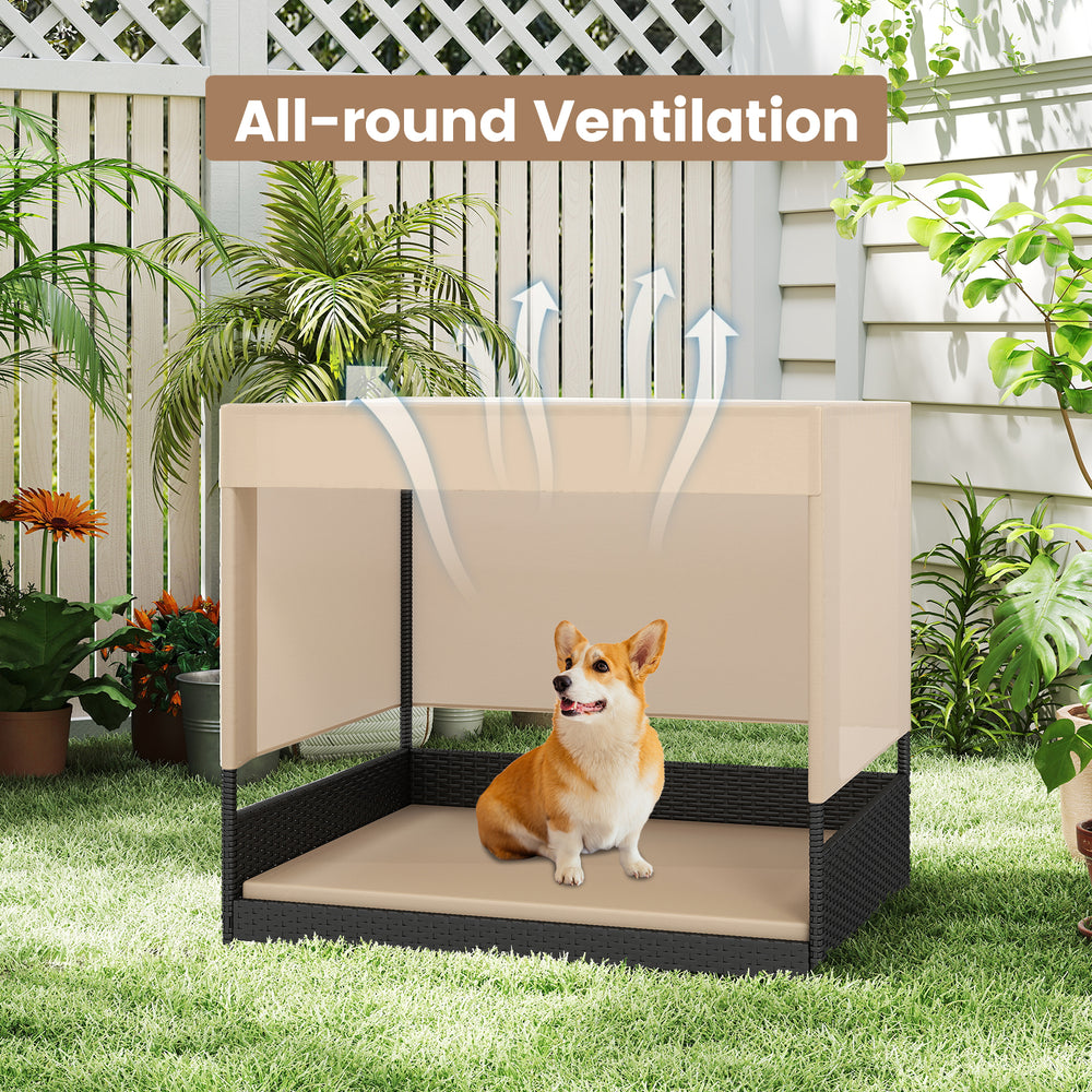 Elevated wicker dog house with removable cushion and polyester canopy, perfect for small to medium breeds in outdoor.
