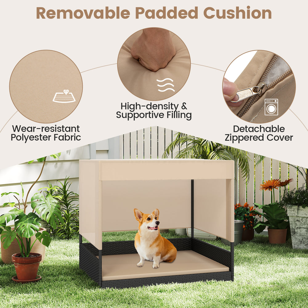 Elevated wicker dog house with removable padded cushion, high-density filling, and durable PE rattan for indoor and.