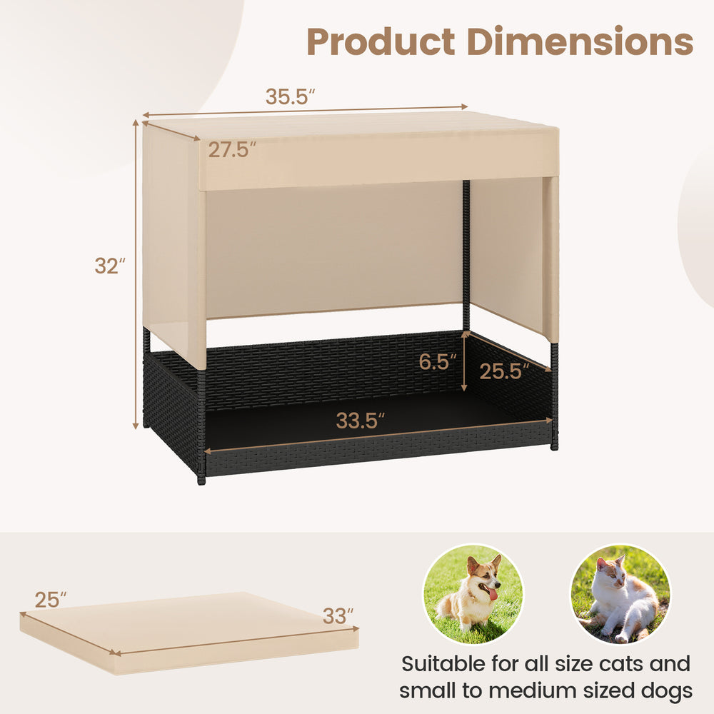 Elevated wicker dog house in black with a removable cushion, suitable for small to medium dogs and cats, for indoor or.