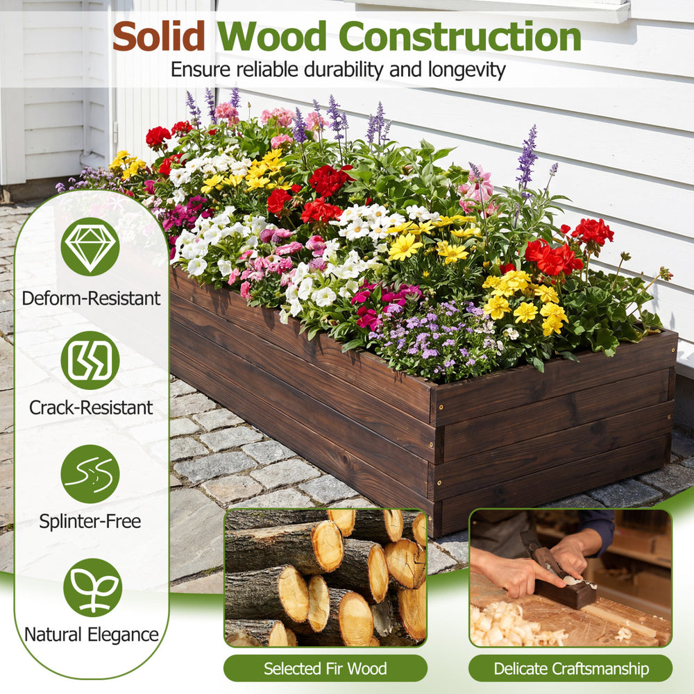 Elevated wooden garden planter box made of fir wood, featuring vibrant flowers for outdoor elegance and plant growth.