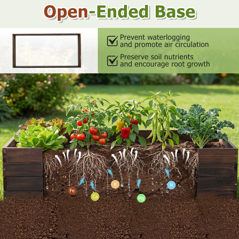 Elevated wooden garden planter box with open-ended base for improved drainage and healthy root growth, ideal for.