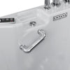 A close-up image of a 54" Alcove Inline Heater Whirlpool Walk-in Tub 2.0, upgraded with a right drain. The image shows the tub's control panel with buttons, a drain, and a metal grab bar. The Empava logo is visible on the right side of the tub. The surface appears sleek and glossy.