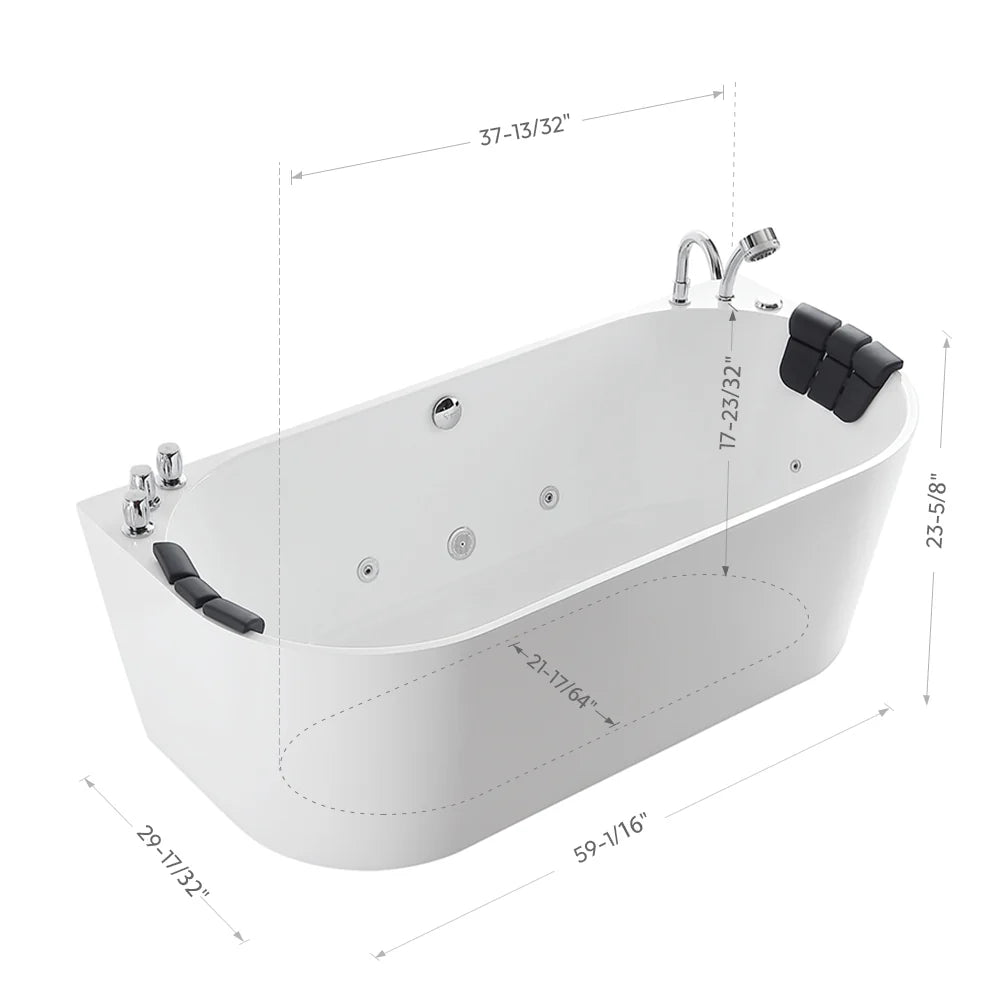 Empava Bathtub 59" Freestanding Hydro Massage Whirlpool with Center Drain New