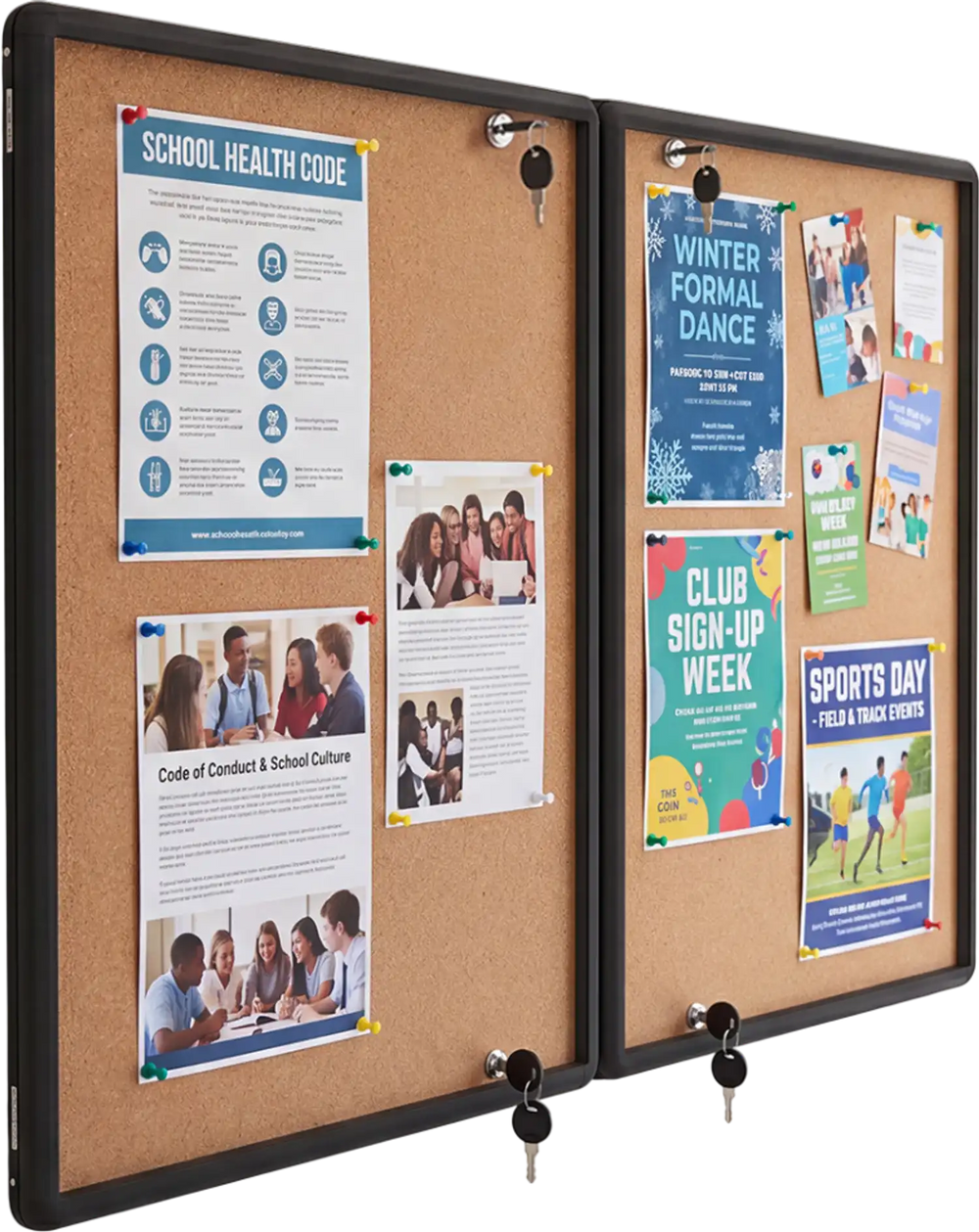 Enclosed bulletin board with aluminum frame features a felt surface and sturdy hinges, perfect for organized note display in schools.