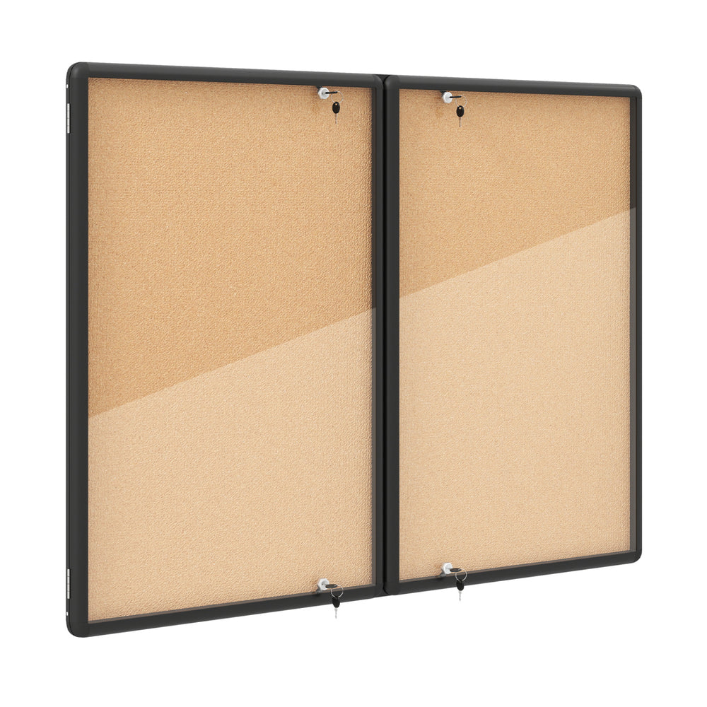 Enclosed bulletin board with aluminum frame showcases a felt surface and double doors, perfect for secure note display in offices.