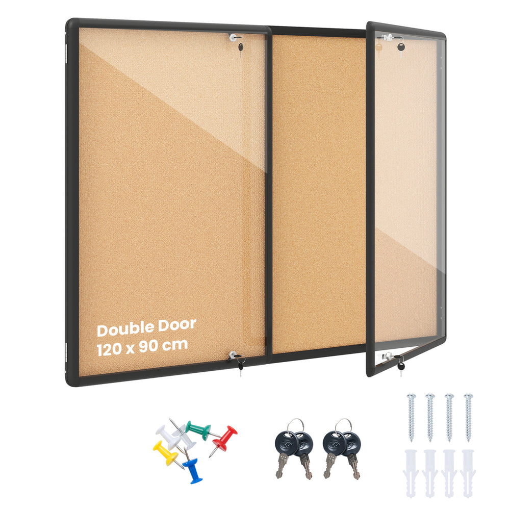 Enclosed bulletin board with double doors, aluminum frame, and felt surface for secure display of important notes.