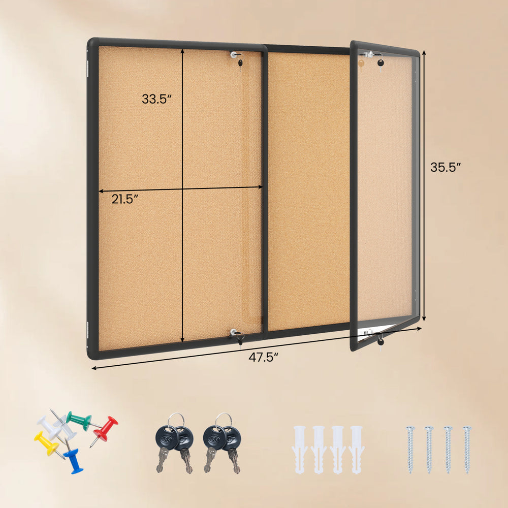 Enclosed bulletin board with aluminum frame and felt surface, featuring double doors for secure display of important notes.