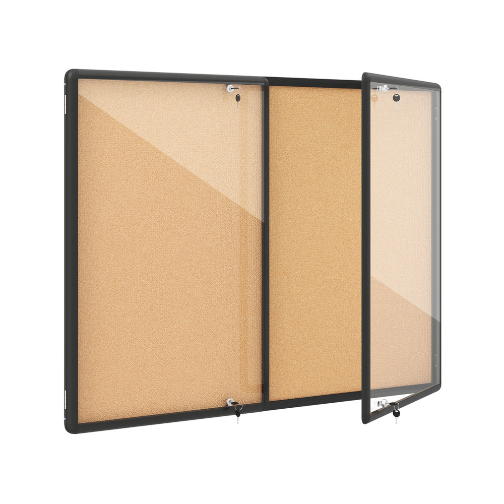 Enclosed bulletin board with aluminum frame features a waterproof design and shatter-resistant doors for durability in any setting.