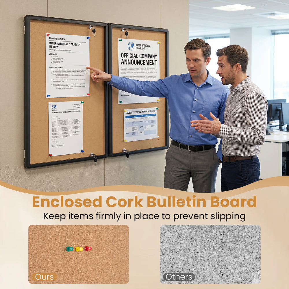 Enclosed cork bulletin board with aluminum frame features double doors for secure display of important notes in the office.