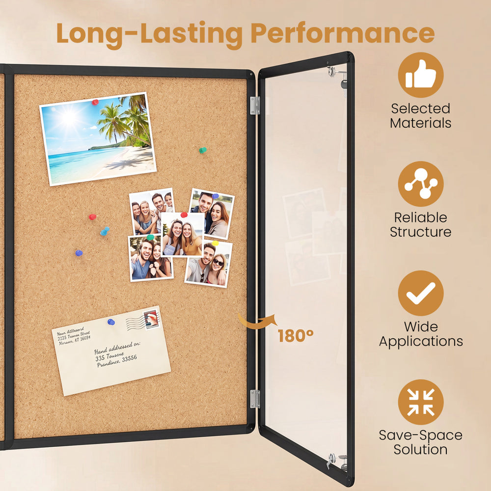 Enclosed bulletin board with aluminum frame and felt surface features double doors for secure display of important notes.