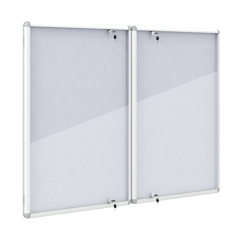 Lockable cork notice board with aluminum frame features double doors and grey felt surface for secure item display.