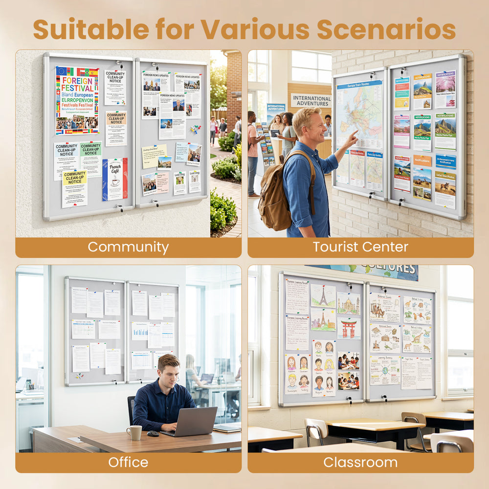 Enclosed bulletin board with aluminum frame features double doors and grey felt surface, ideal for community and office use.