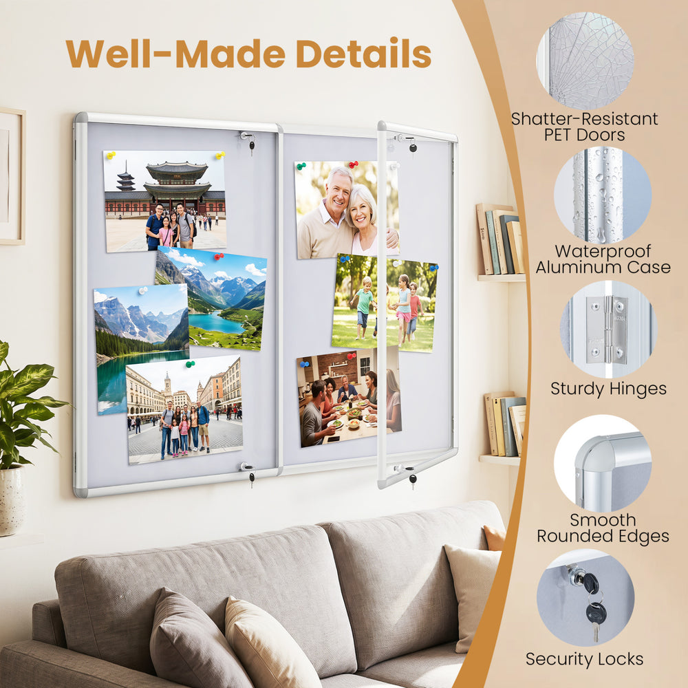 Enclosed bulletin board with shatter-resistant PET doors and waterproof aluminum case, ideal for community and office use.
