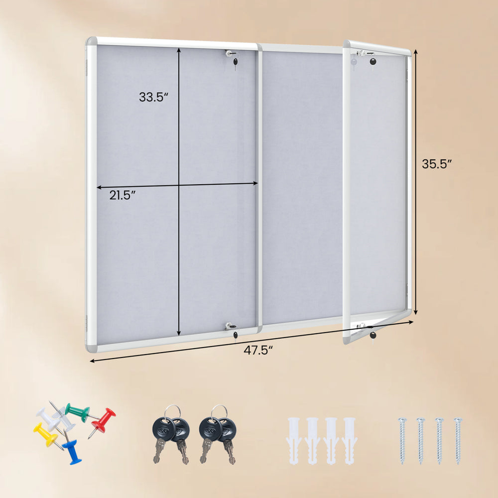 Lockable cork notice board with aluminum frame, featuring double doors and grey felt surface for secure display.