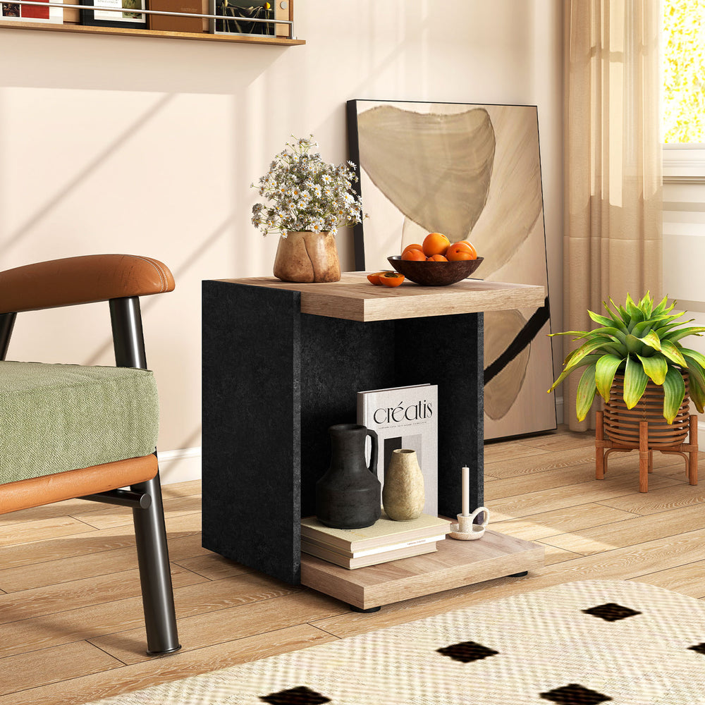 End table featuring a black base and oak top, ideal for stylish storage and display in living rooms or bedrooms.