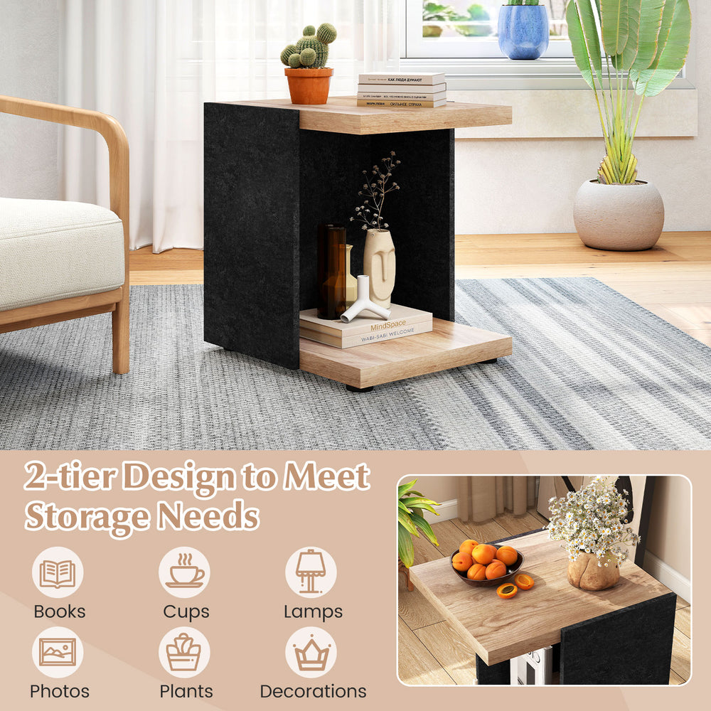 2-tier end table in oak with open storage shelf, ideal for lamps and decorations in living room or bedroom.