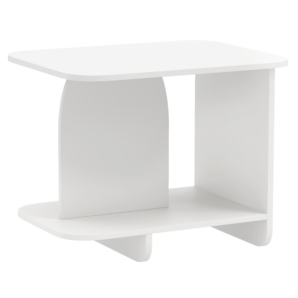 White 2-tier end table with rounded corners and storage shelf, ideal for small spaces in living rooms or bedrooms.