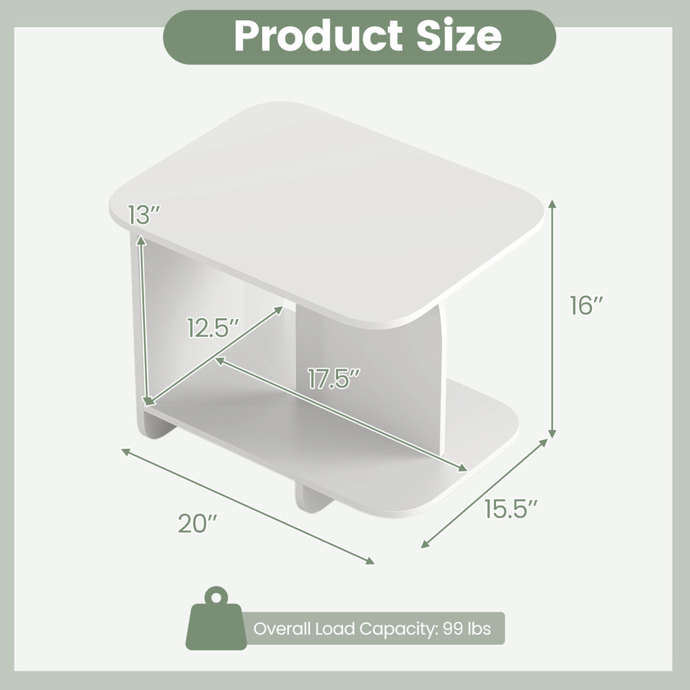 2-tier white end table with dimensions 20" x 16" x 13", featuring rounded corners and storage shelf for small spaces.