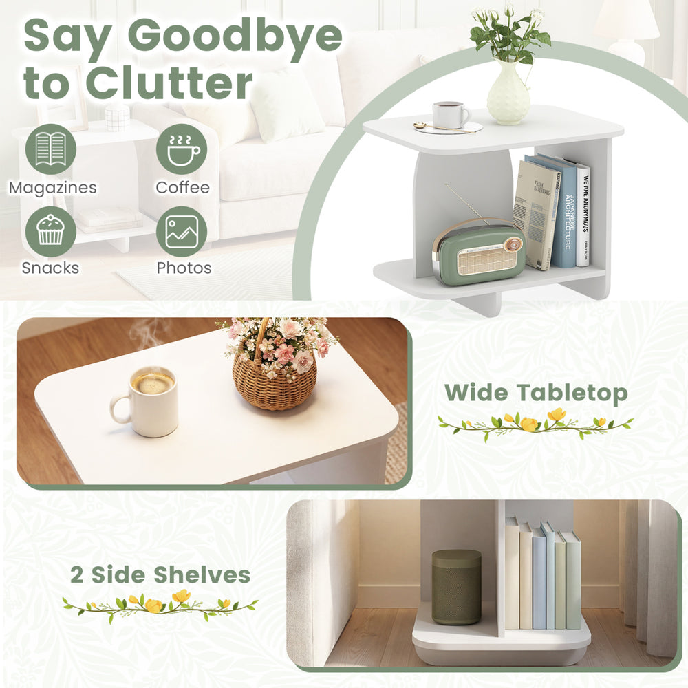 White 2-tier end table with a wide tabletop and 2 side shelves, perfect for small spaces and versatile use.