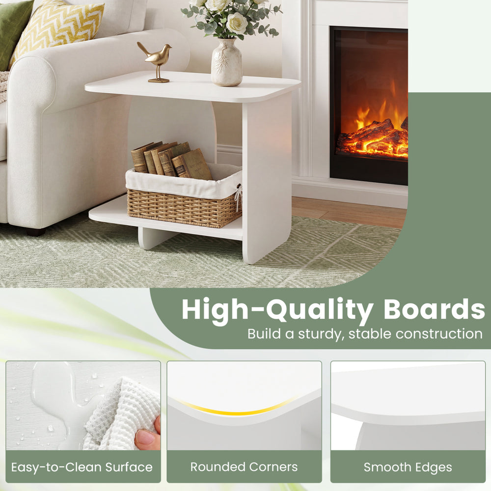 2-tier white end table with rounded corners and easy-to-clean surface, perfect for small spaces and versatile use.