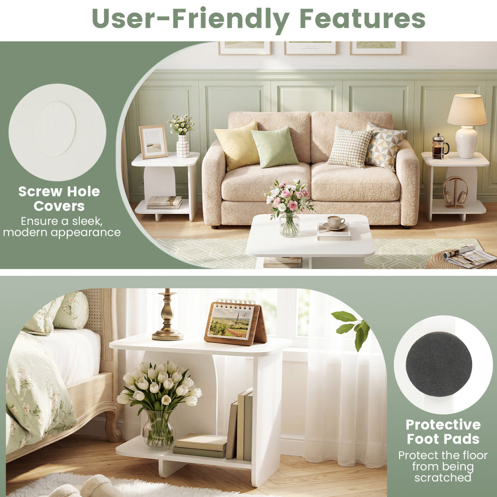 End table featuring a white finish, 2-tier storage, screw hole covers, and protective foot pads for floor protection.