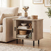 Modern mid-century end table with sliding tambour doors, natural finish, and two-tier storage shelf for stylish.