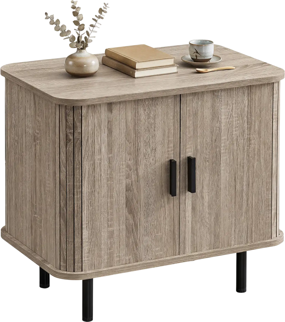 Modern mid-century nightstand with sliding tambour doors, natural finish, and sturdy metal legs for stylish bedside.