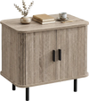 Modern mid-century nightstand with sliding tambour doors, natural finish, and sturdy metal legs for stylish bedside.