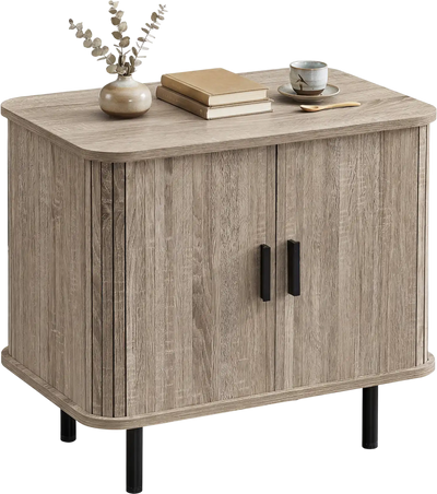 Costway Mid Century Modern End Table Nightstand with Sliding Tambour Doors Storage Shelf 11376500 New