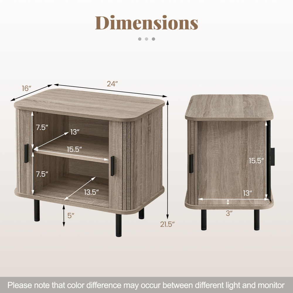 End table with dimensions, featuring sliding tambour doors, natural finish, and sturdy metal legs for bedside storage.