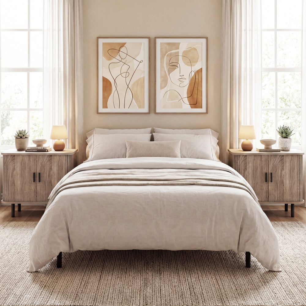 Modern mid-century nightstand with sliding tambour doors, natural finish, and ample storage for bedside essentials.