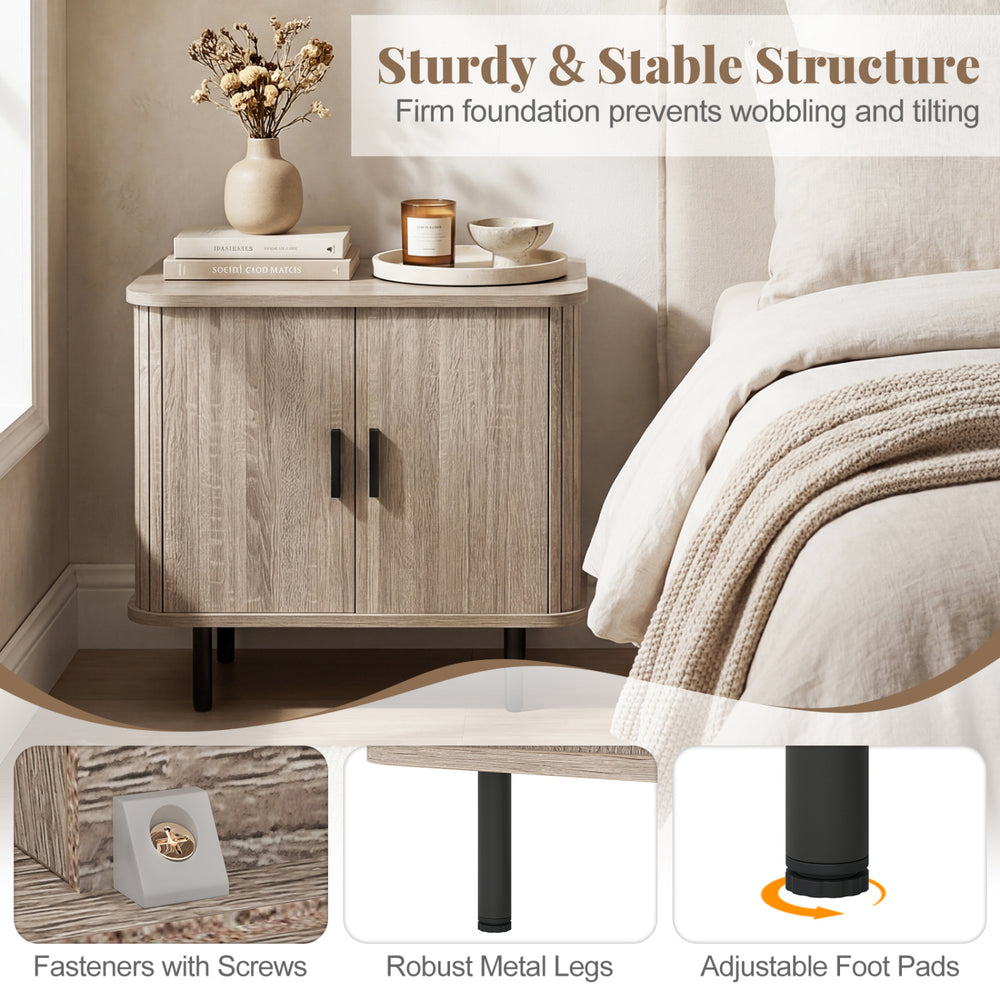 Modern mid-century nightstand with sliding tambour doors, sturdy metal legs, and ample storage for bedside organization.