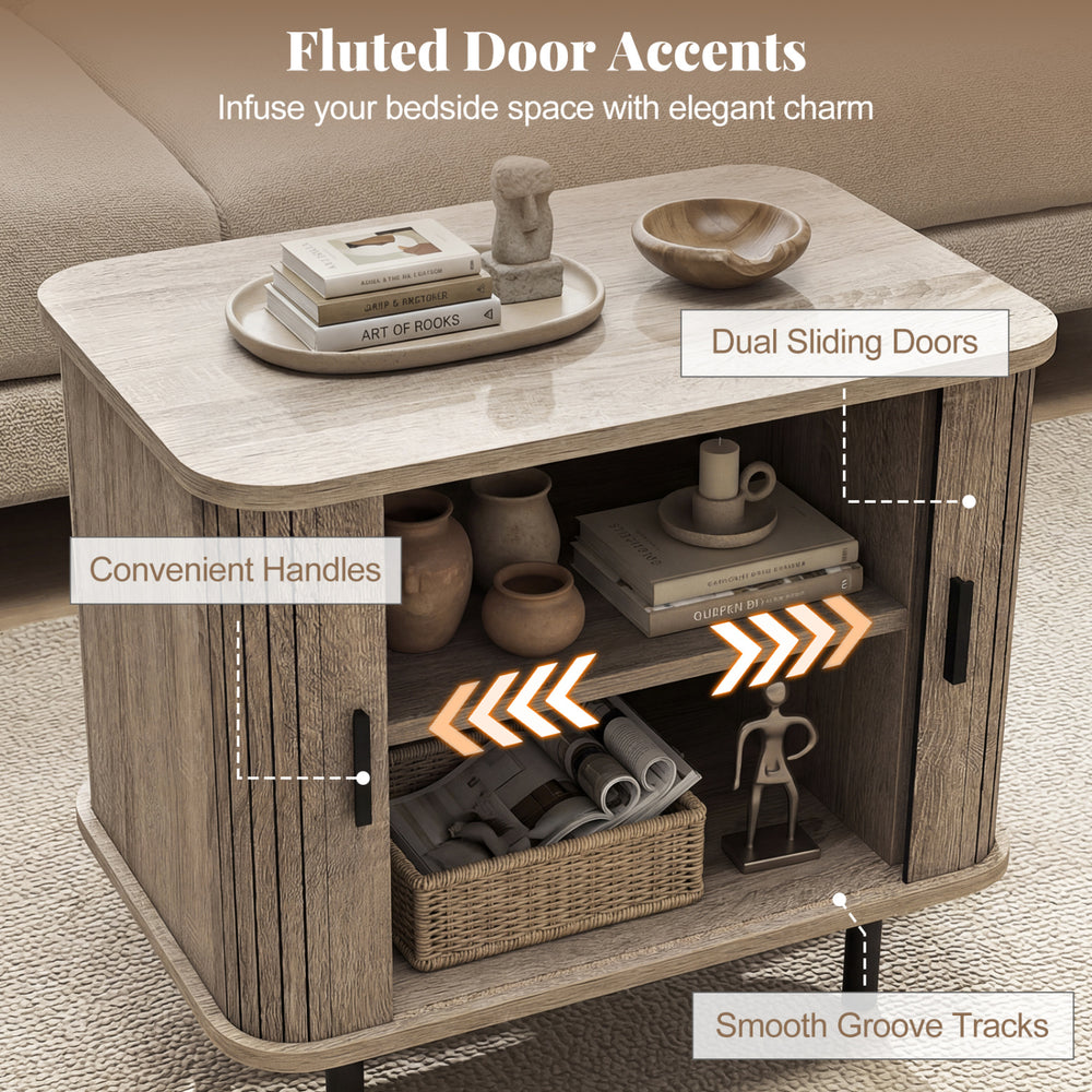Modern mid-century nightstand with fluted door accents, dual sliding doors, and spacious storage for bedside elegance.
